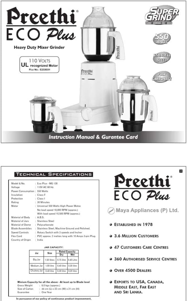 Preethi Eco Plus Mixer Grinder 110 Volts