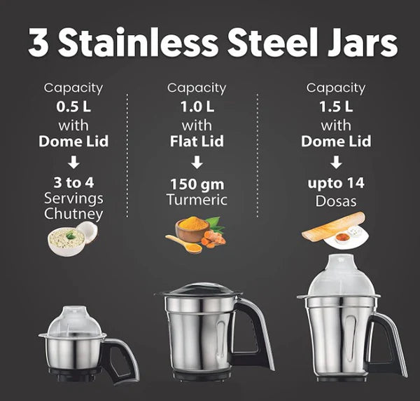 Preethi Steele 3-Jar Mixer Grinder, 550-Watt, Silver